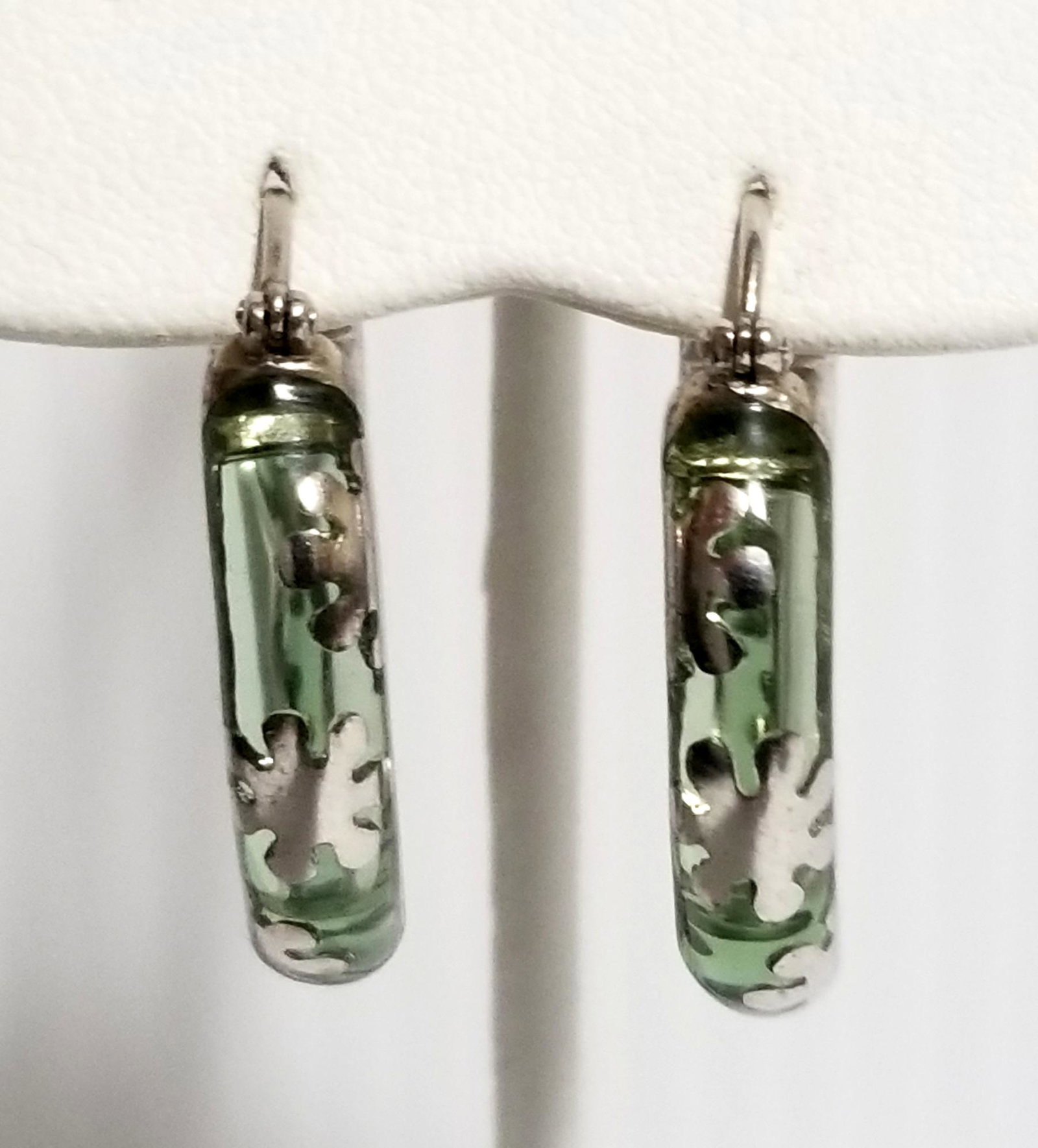 Amazing Alan. K. 925 Sterling Murano Hoop Earrings: Beautiful and unusual Alan. K. green murano 925 sterling silver earrings, 1 1/2 x 7/8 inches