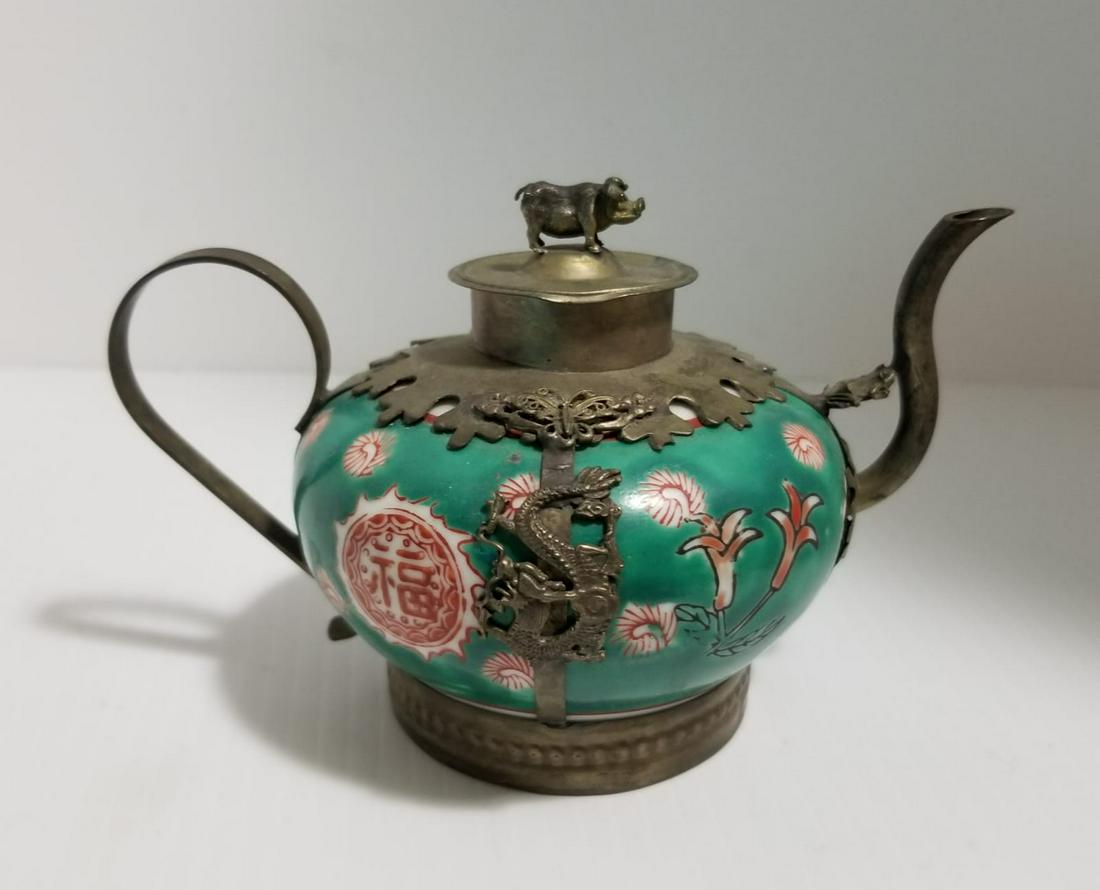 Nice Chinese Green and Silver Porcelain Tea Pot (1 of 3)