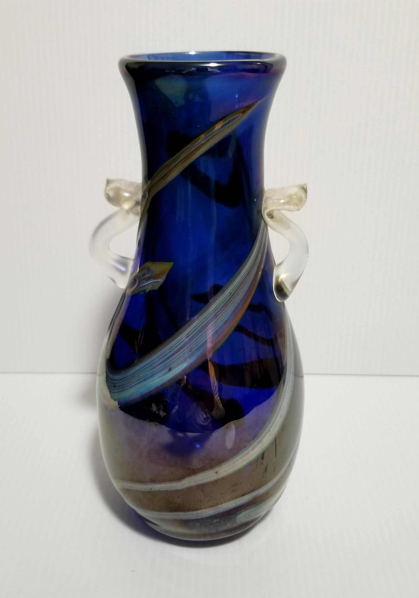 Vintage Hat Art Glass iridescent Vase: Vintage Herb A. Thomas iridescent art glass vase, 10 1/8 x 4 1/2 inches round diameter