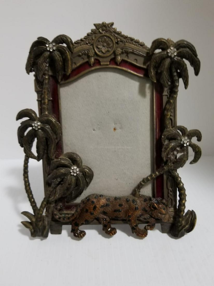Feline Palm Jungle Picture Frame: Enameled crystal nice picture frame, feline, palm, 7 x 6 inches, hold 5 x 3.5 inches, black velvet on the back.
