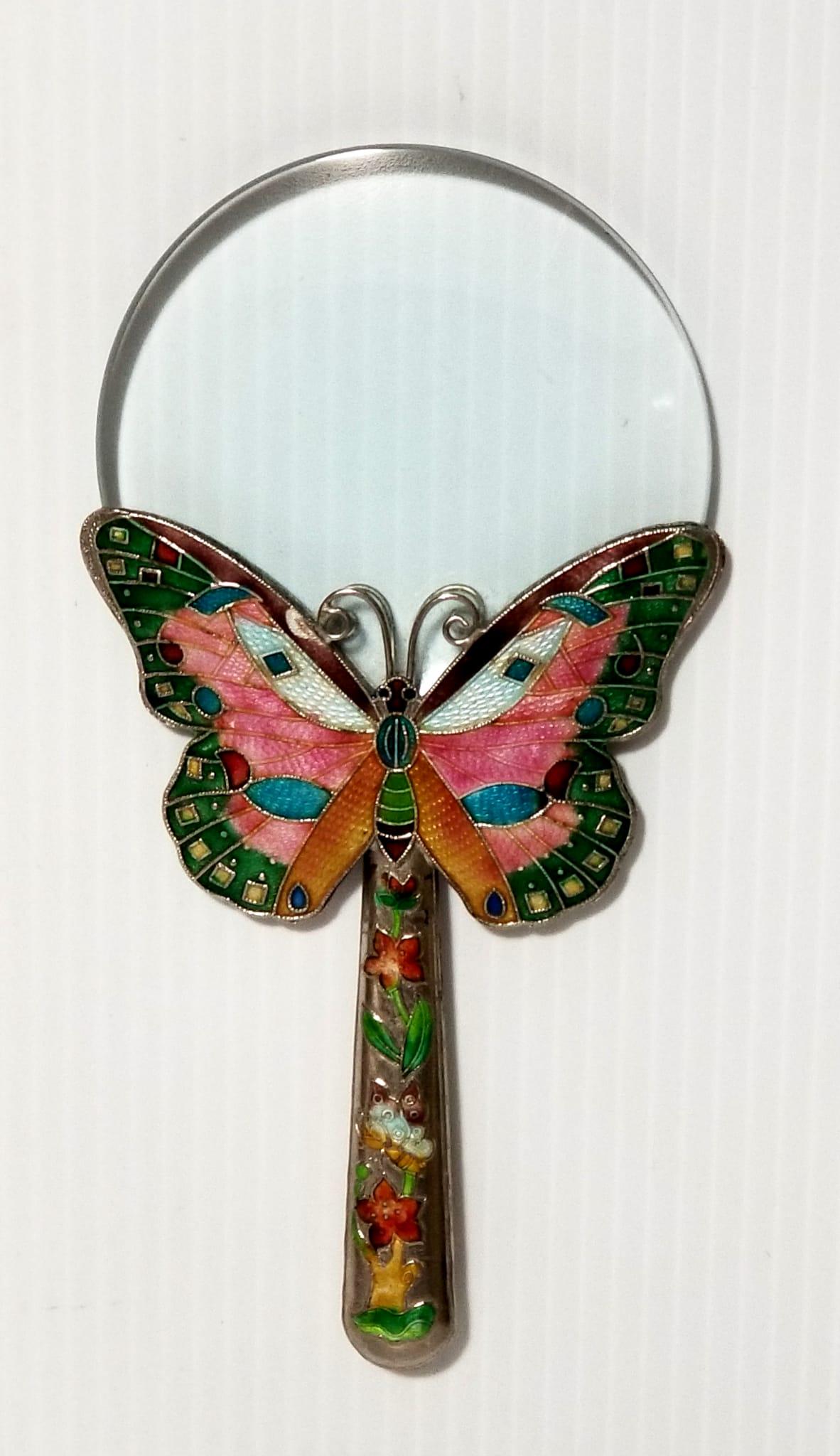 Vintage Enameled Butterfly Magnifying Glass: Beautiful enameled butterfly magnifying glass, 7 1/4 x 3 3/4 inches