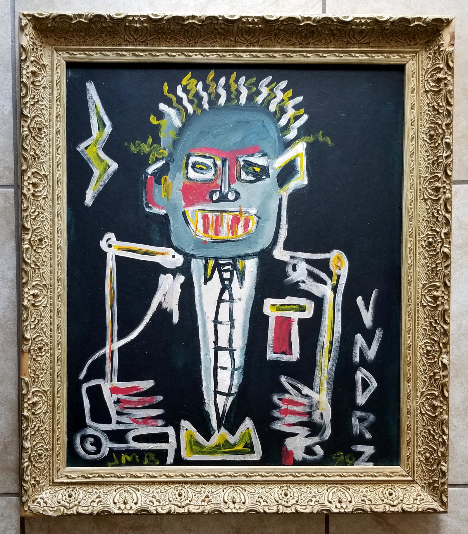 Jean Michel Basquiat Oil Board: Attributed to Jean-Michel Basquiat, it does not have a COA. Medium: oil board, 28 x 24 inches. Provenance: private owner. Biography: 1960 - 1988. Noted for his graffiti street paintings under the name