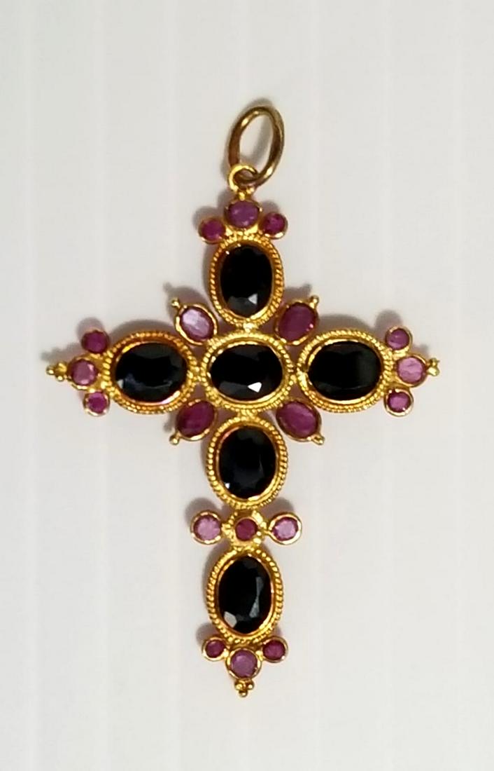 Amazing S 18KT Gold Sapphire and Ruby Cross Pendant (1 of 6)