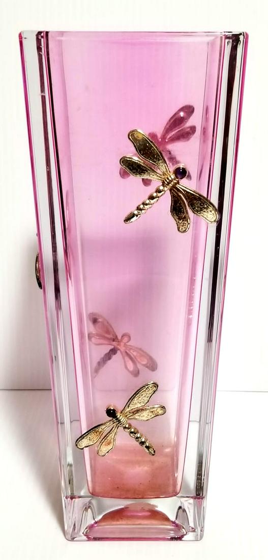 Beautiful Dragonfly Metal & Crystal Vase: Nice dragonfly metal and pink crystal vase, 10 x 3 1/2 x 3 1/2 inches, Czech Republic
