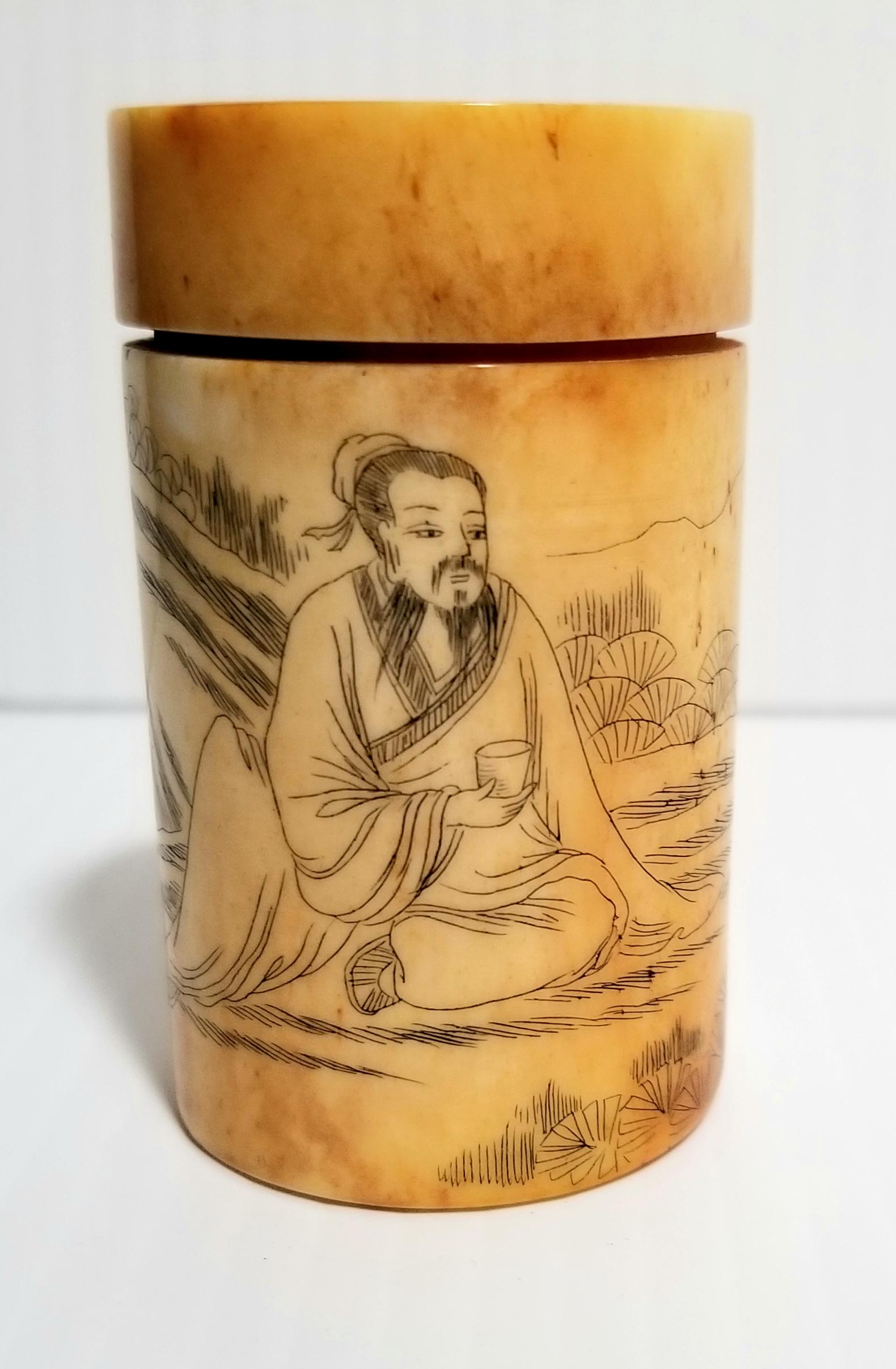 Antique Chinese Scene Hand Carved Pill Box (1 of 8)
