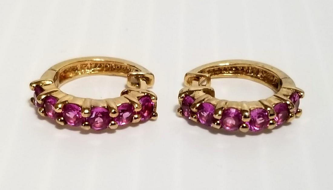Nice 925 Sterling Yellow Pink Stone Earrings: Nice 925 sterling yellow pink stone hoop earrings, 5/8 inches round, 3.3 grams