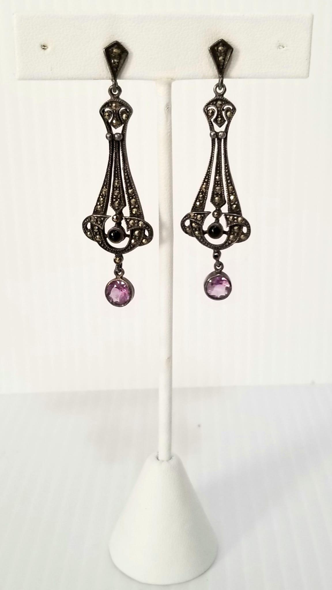 Beautiful 925 Sterling Amethyst Marquesite Earrings (1 of 4)