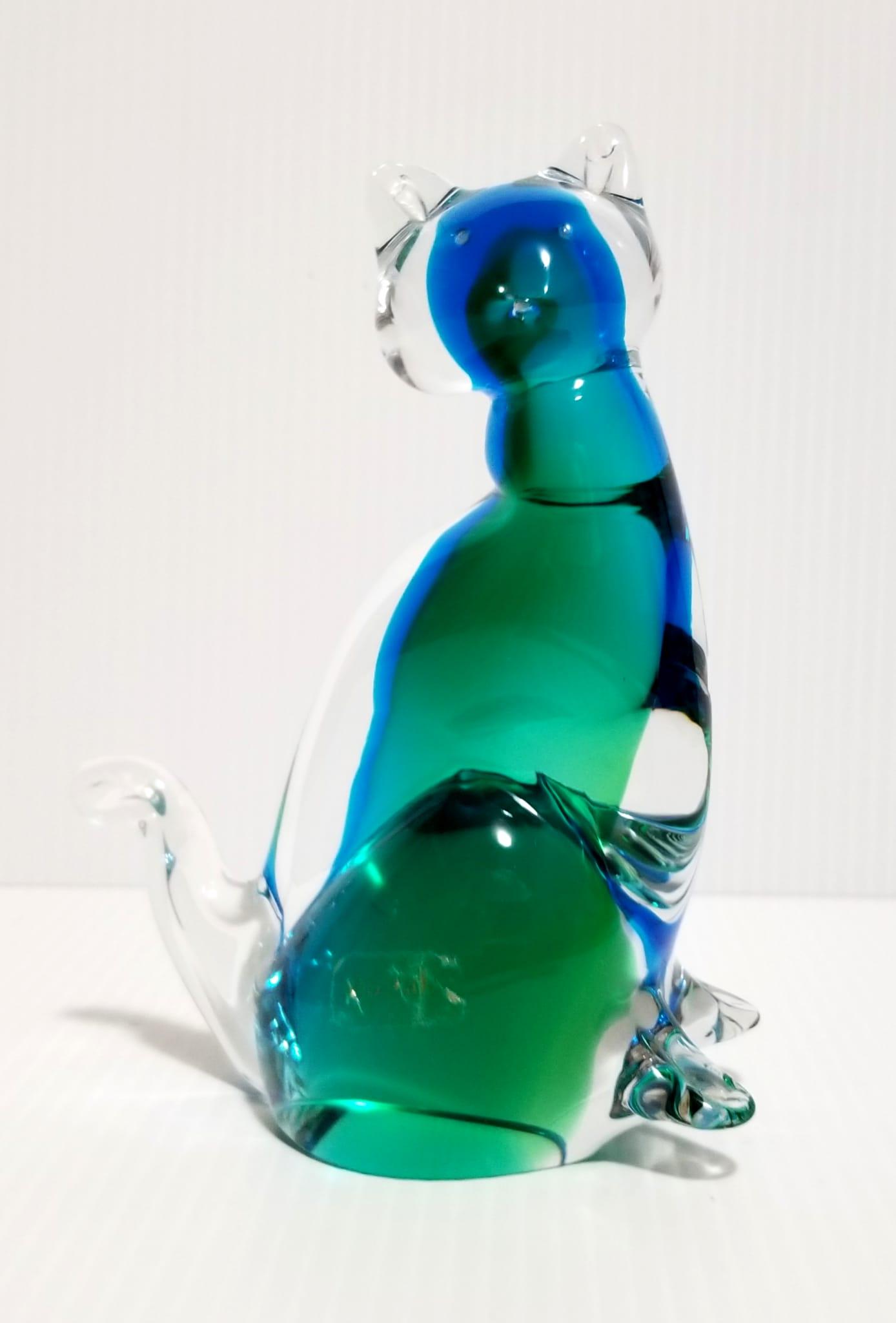 Murano Glass Blue and Green Cat Figurine: Murano glass blue and green clear cat figurine, nice art glass, Italy, 6 1/2 x 5 x 2 1/4 inches