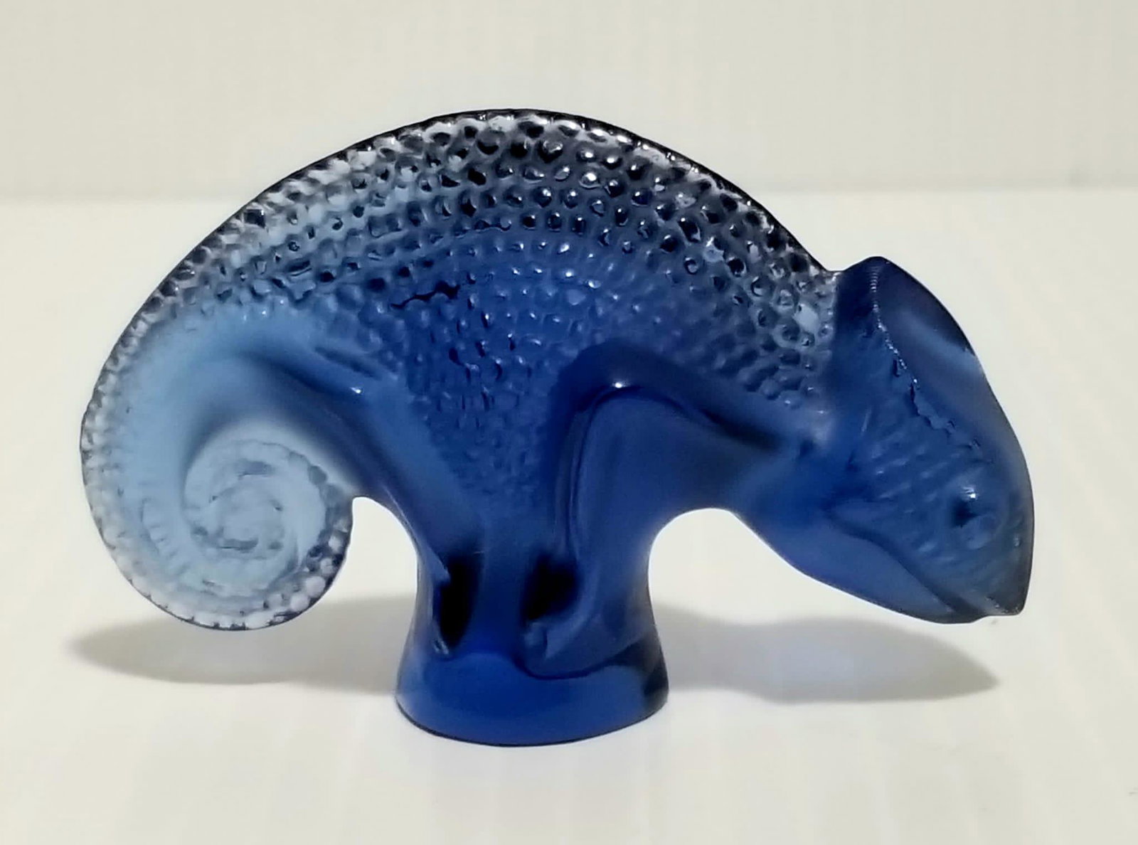 Beautiful Lalique France Cameleon Signed Art Glass: Beautiful Lalique France cameleon signed art glass, blue cobalt, 2 5/8 x 1 3/4 x 1 1 /8 inches