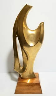 Amazing Alain Chervet Abstract Brass Sculpture: Attributed to Alain Chervet, it does not have a COA. Abstract brass sculpture, wood base, Frensh artist, unsigned, 19 3/4 x 7 1/2 x 5 1/2 inches