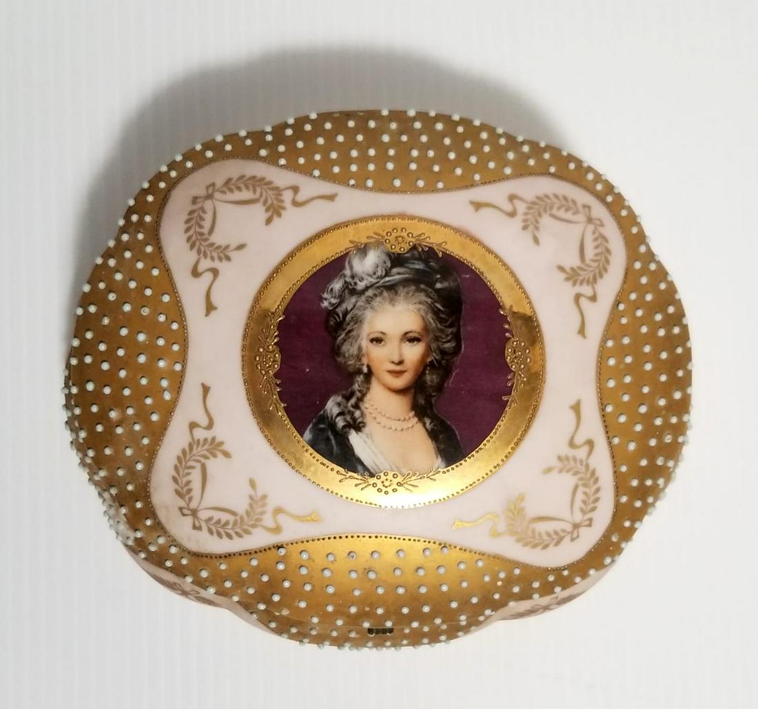 Beautiful Antique Lady Gold Tone Porcelain Box: Nice antique porcelain box, medallion lady, gold tone, flowers inside and on top, 7 x 6 x 3 1/2 inches