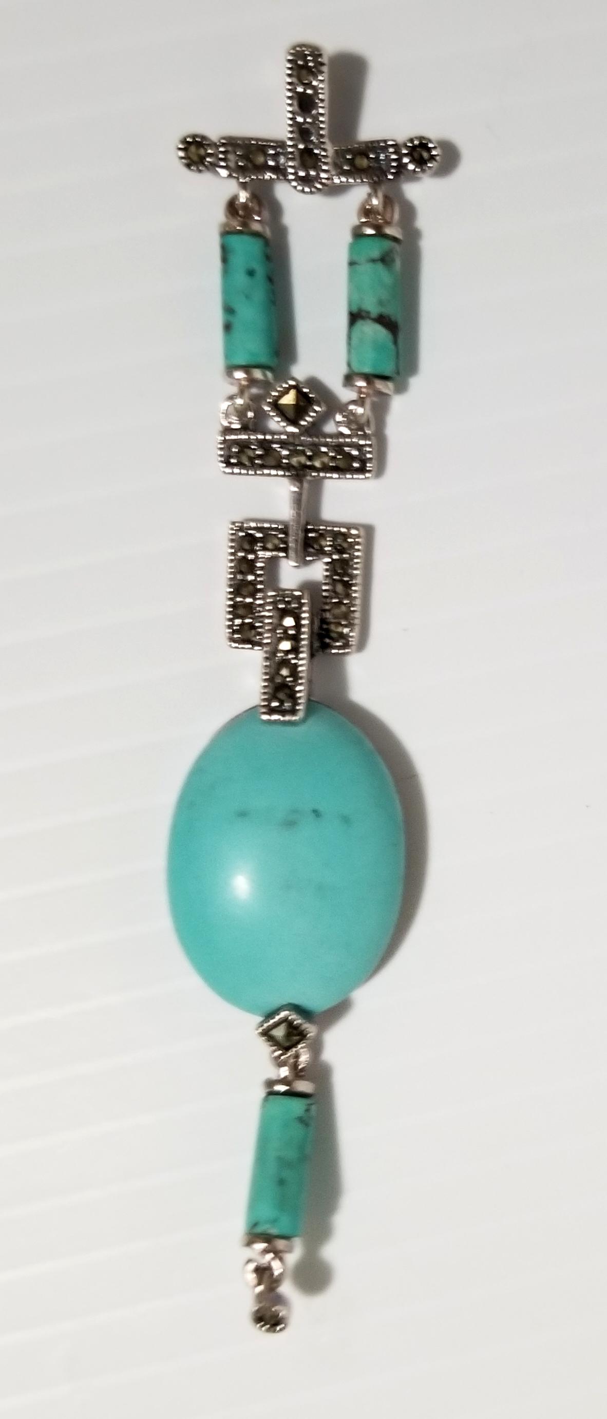 AMAZING 925 GREEN TURQUOISE MARQUESITE PENDANT (1 of 6)