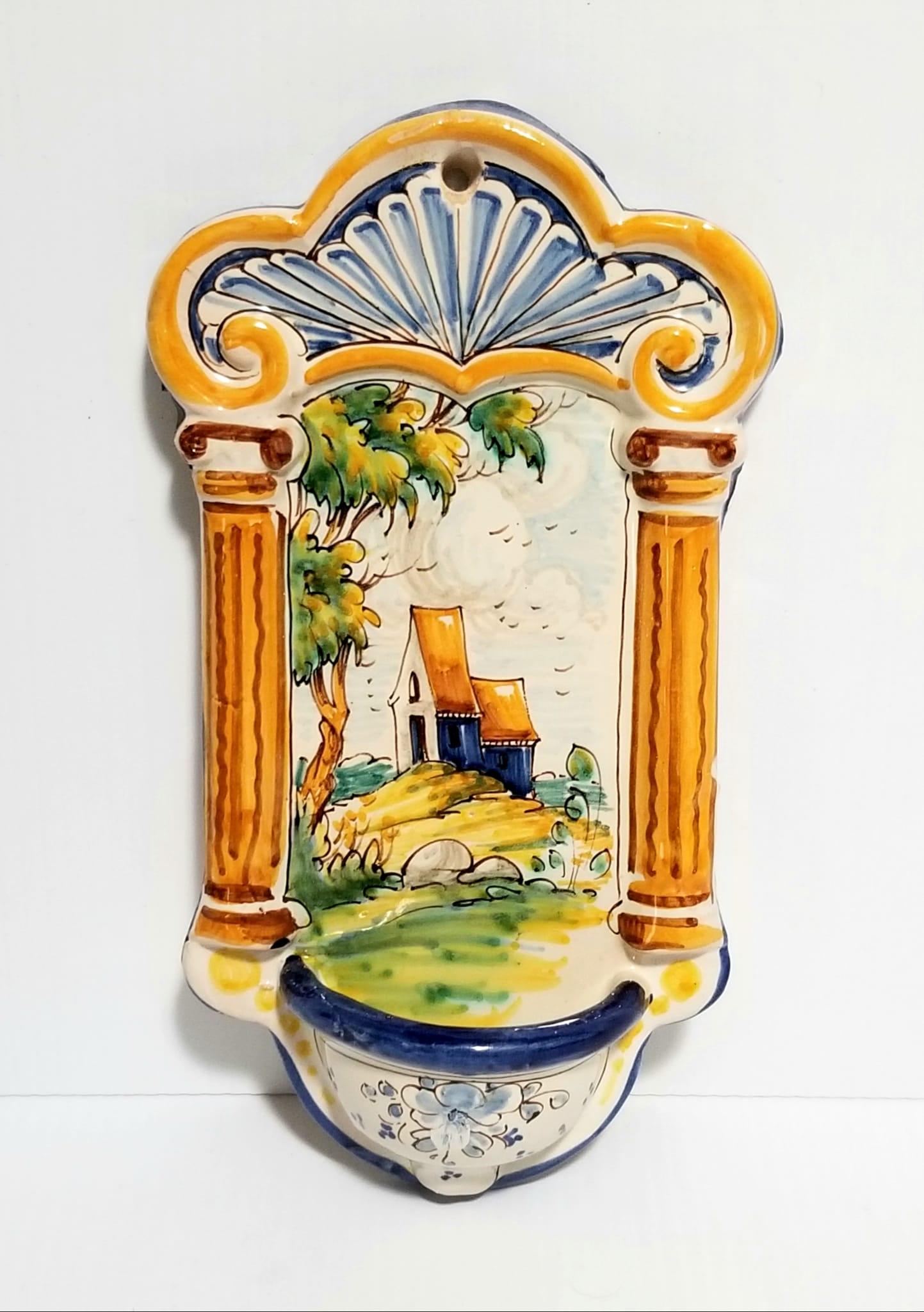 Nice Holy Water Front J. Antonio Escobar Ceramic: Beautiful Holy Water Front, J. Antonio Escobar hand painted ceramic, signed, 8 7/8 x 4 1/4 inches.