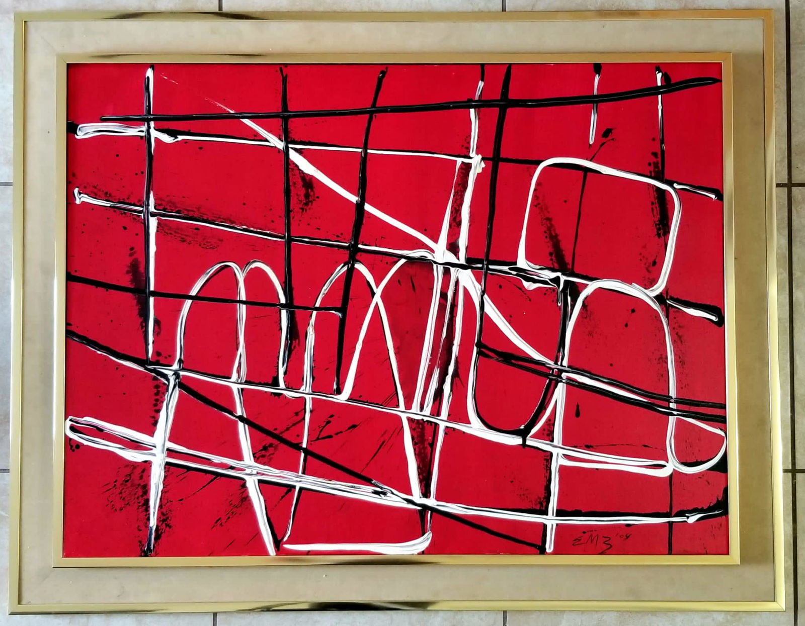 Amazing Ed Moses Acrylic Canvas: Attributed to Ed Moses, it does not have a COA. Medium: acrylic canvas. 47 x 37 inches. Provenance: private owner. The frame is golden, and on the pictures you see the reflection of the camera, good c