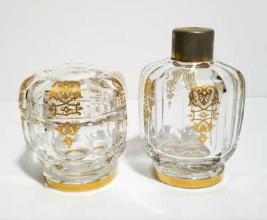 Nice Baccarat Perfume Bottle & Powder Box: Beautiful Baccarat perfume bottle and powder box, gold design, perfume bottle: 5x 3 1/4 inches round, powder box with top: 3 3/4 x 3 1/8 inches round. Perfume bottle is missing the nozzle.