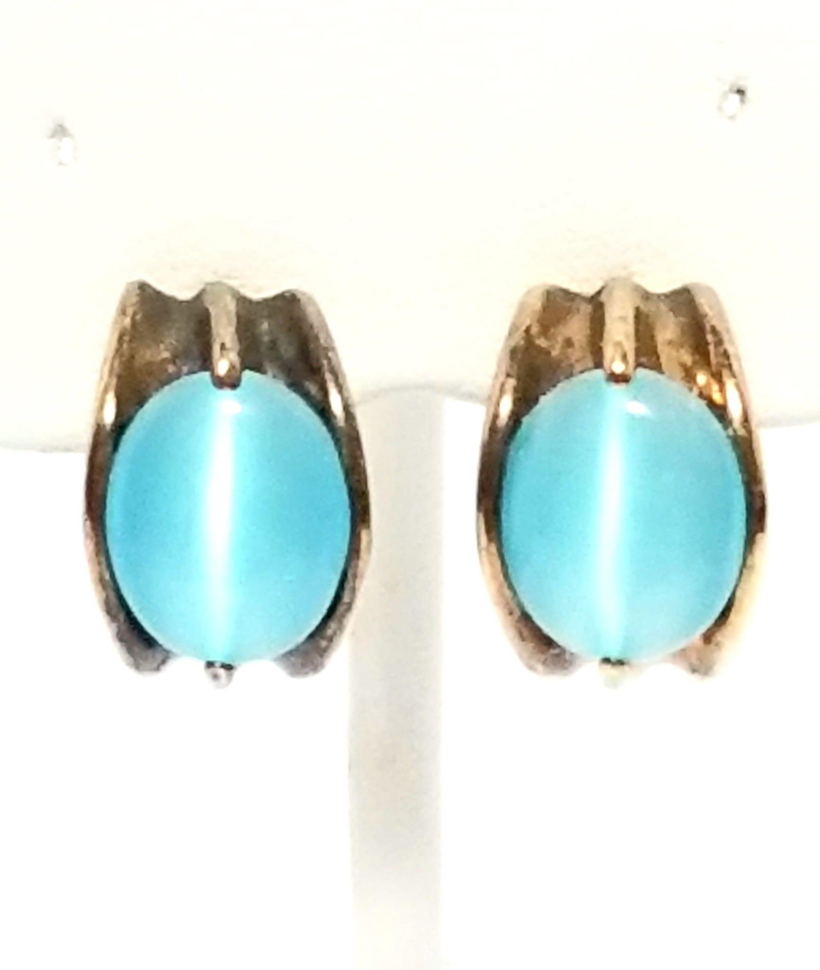 Amazing 925 Sterling JTC Blue Tiger Eye Earrings: Beautiful 925 sterling silver, gold tone, JTC blue tiger eye earrings, 3/4 x 5/8 inches, 8.2 grams.