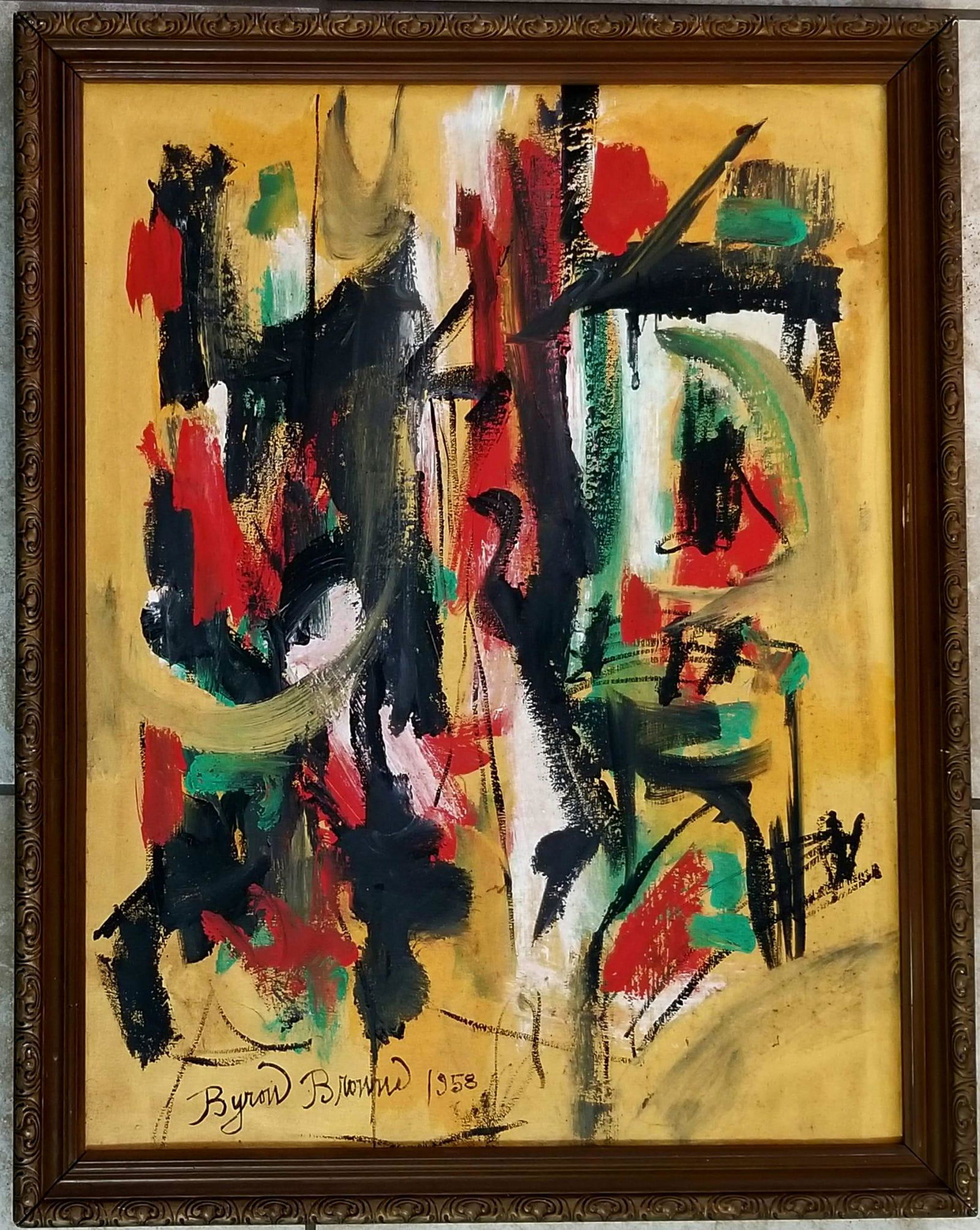 Amazing George Byron Browne 1958 Oil Canvas: Attributed to Byron (George Byron) Browne, it does not have a COA. Medium: oil canvas, 26.5 x 21 inches. Provenance: private owner. Biography: 1907 - 1961. Born in Yonkers, New York, Byron Browne was