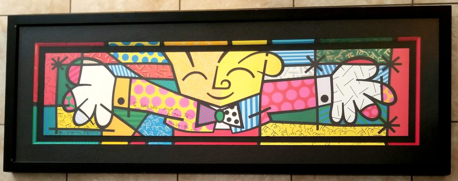 Amazing Romero Britto 1993 Signed Hand Painted Lithograph: Nice Romero Britto 1993 hand painted and signed lithograph, hand painted frame, dedicated. 67.5 x 24.5 inches. Provenance: private owner. Biography: Born: 1963. Romero Britto is a Pop artist of his ge