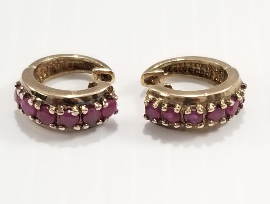 Amazing 925 Sterling Gold Tone Red Ruby Hoop Earrings: Beautiful 925 sterling silver, gold tone, red ruby earrings, 5/8 inches round, 5.3 grams.
