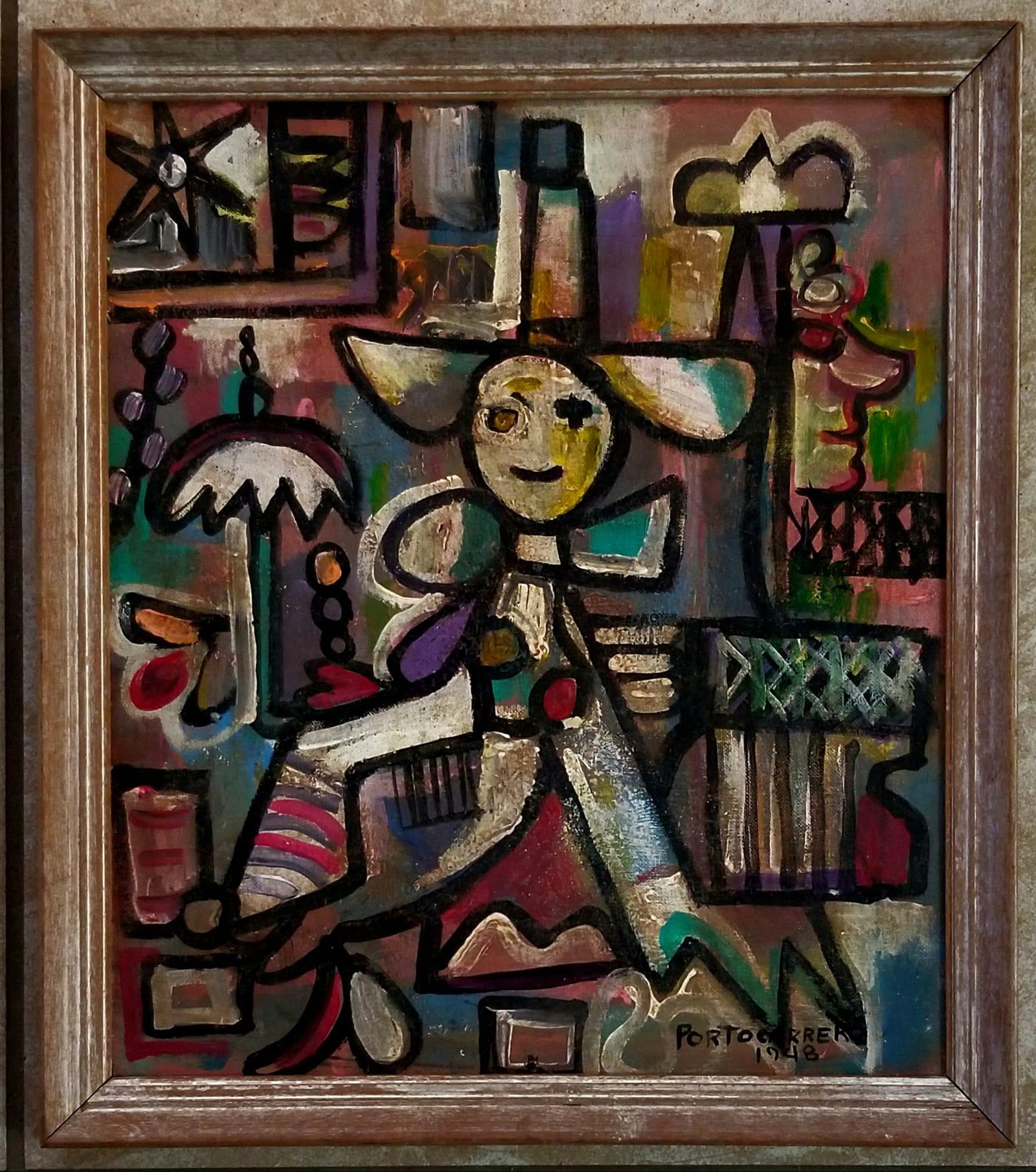 Amazing Rene Portocarrero 1948 Oil Canvas: Attributed to Rene Portocarrero, it does not have a COA. Medium: oil canvas, 15.5 x 13.5 inches. Provenance: private owner. Biography: 1912 - 1985. Rene Portocarrero was a Cuban artist born in the nei