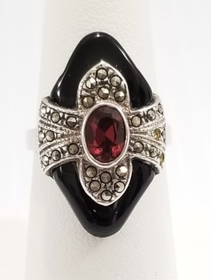 Amazing 925 Sterling Onyx Marcasite Red Stone Ring: Nice 925 sterling silver, onyx, marcasite, red stone cut ring, 8.0 grams, size 8.