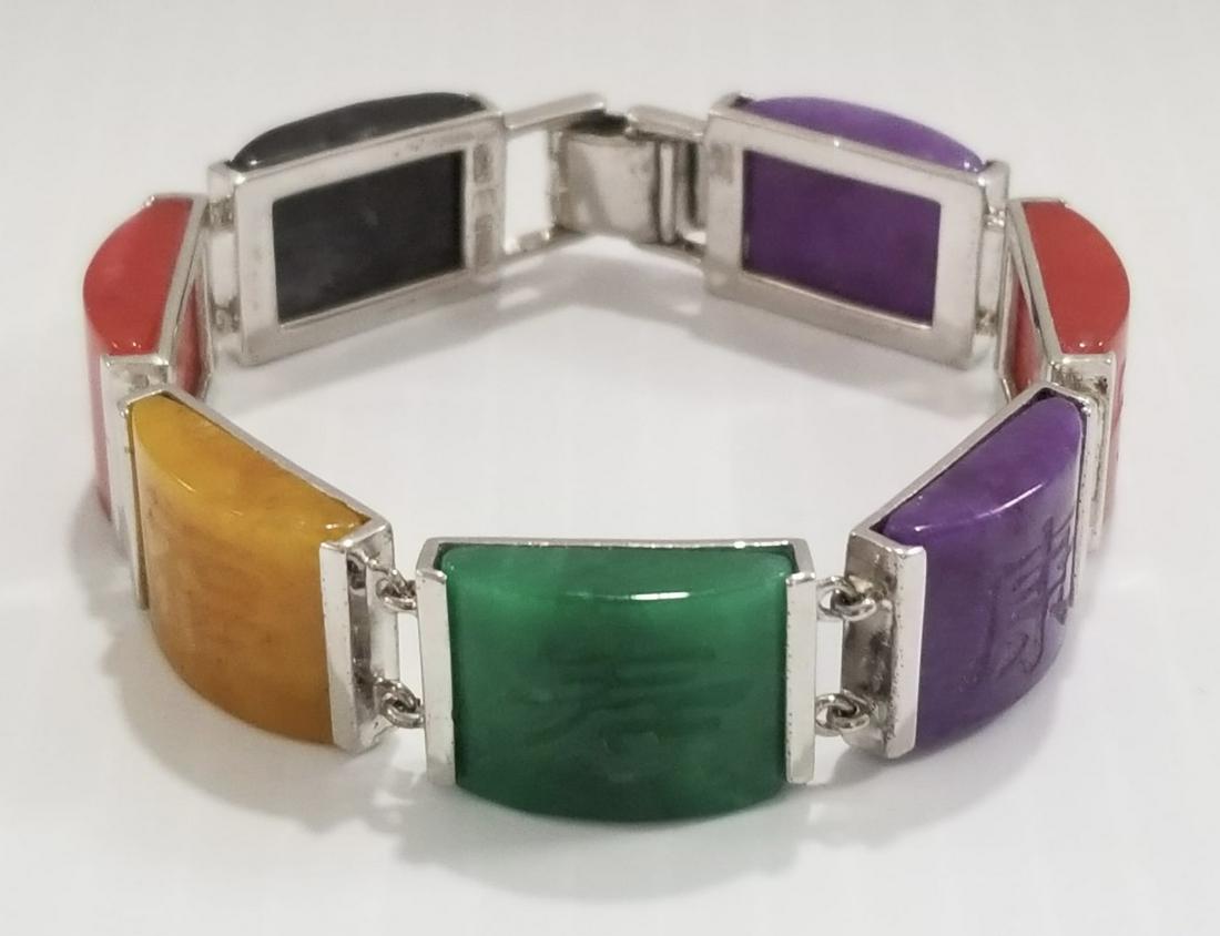Amazing 925 Sterling Stones Chinese Letters Bracelet: Beautiful 925 sterling silver multicolor stone carved Chinese letters bracelet, 7 inches long x 1/2 inches, 41.3 grams.