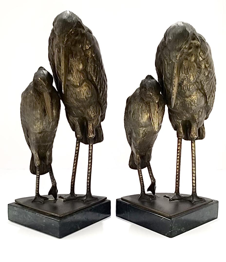 Amazing Vtg Original Patina Birds Bookend Pair: Nice vintage original patina, metal bookend pair, beautiful black and green marble, 8 1/2 x 4 1/4 x 3 1/2 inches. One of the smaller bird's leg has some movement.
