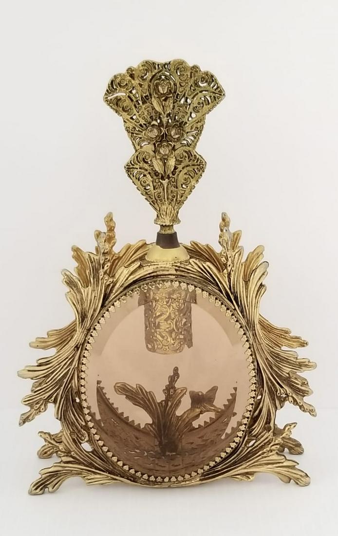 Amazing Vtg Gold Tone Metal Glass Perfume Bottle (1 of 5)