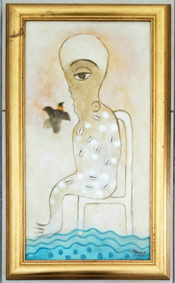 Amazing Manuel Mendive 2003 Acrylic Canvas: Manuel Mendive acrylic canvas, it has a COA. 31 x 18.5 inches. Provenance: private owner. Biography: Born: 1944. Mendive was born in Havana, Cuba, in 1944. His family practiced La Regla de Ocha, or Sa