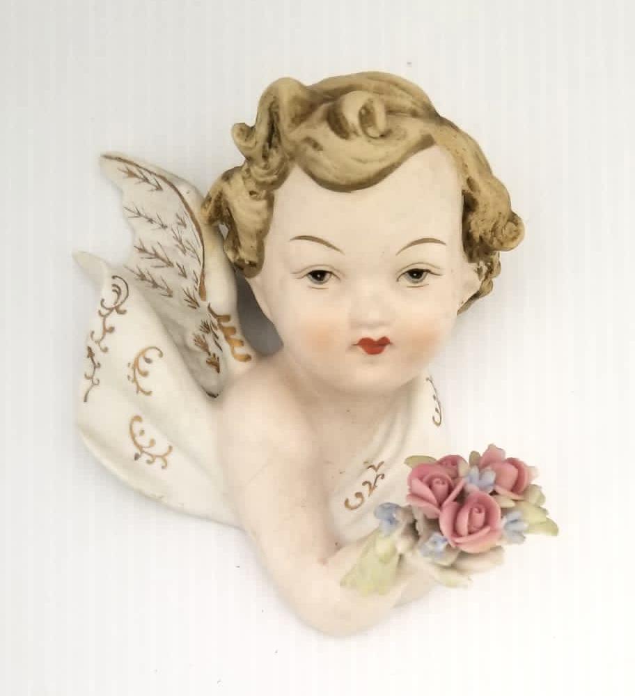 Amazing Lefton Bisque Hand Painted Porcelain Angel: Beautiful Lefton Bisque hand painted porcelain angel with flowers, 5 x 4 inches