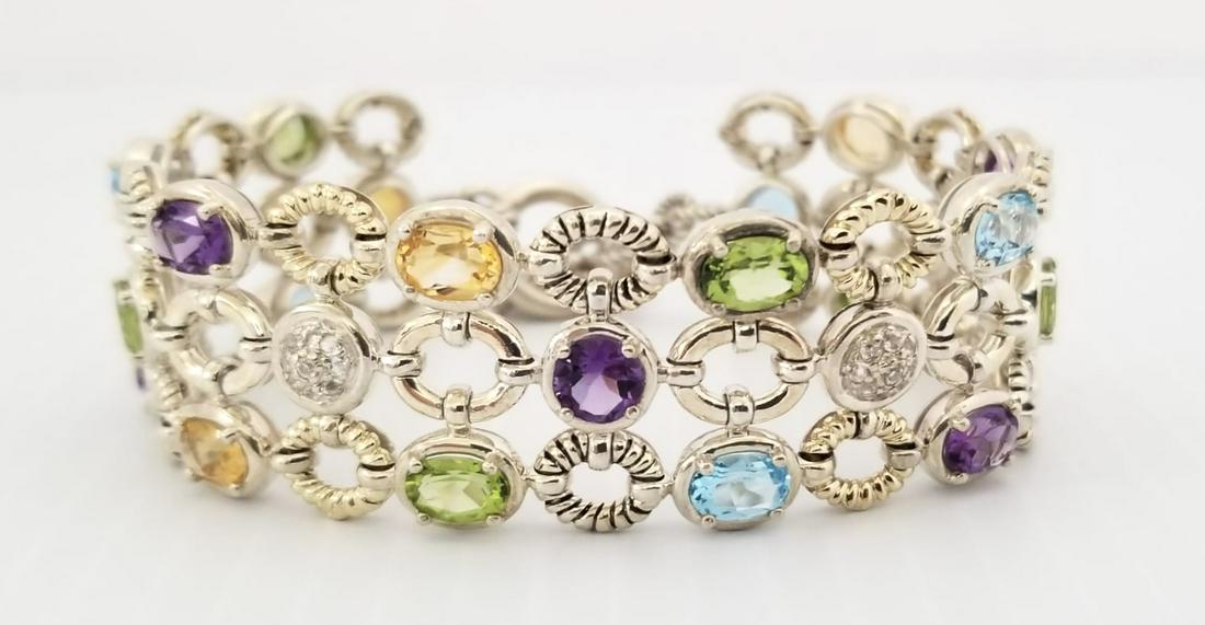 Amazing 925 Sterling Silver & Yellow 14KT Multistone Bracelet (1 of 6)