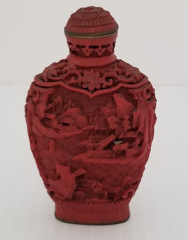 Amazing Red City Landscape Carved Snuff Perfume Bottle (1 of 5)
