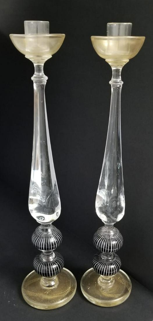 Amazing Vtg One Light Black & Gold Murano Candle Holder Pair (1 of 5)