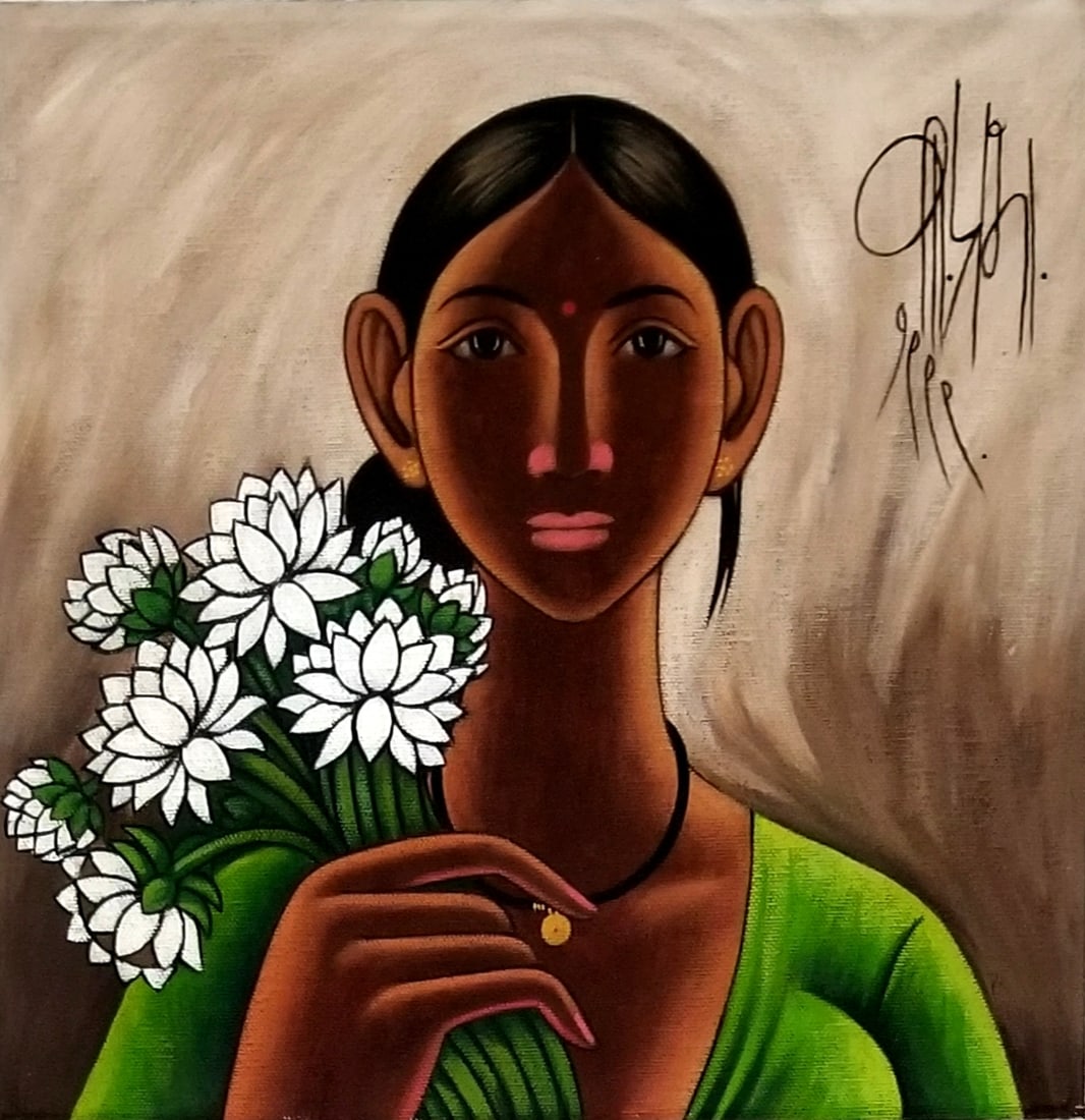 Amazing B Prabha 1999 Oil On Canvas: Nice B Prabha 1999 oil on canvas. It has a COA, untitled , signed on the top right. No frame. 12 x 12 inches. Provenance: private owner from India. Biography: 1933 - 2001. B. Prabha entered the art wo
