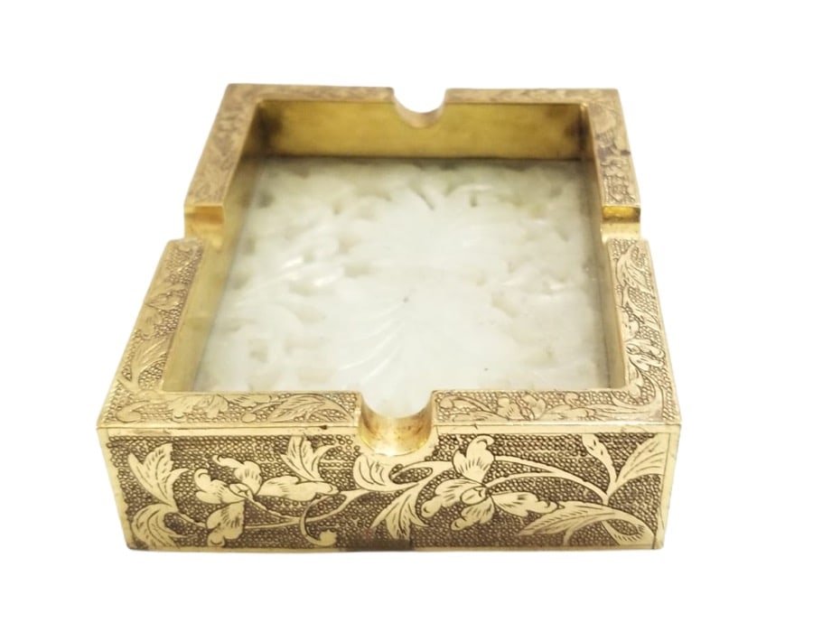 Amazing Antique Flowers Bronze & Jade Ashtray (1 of 5)