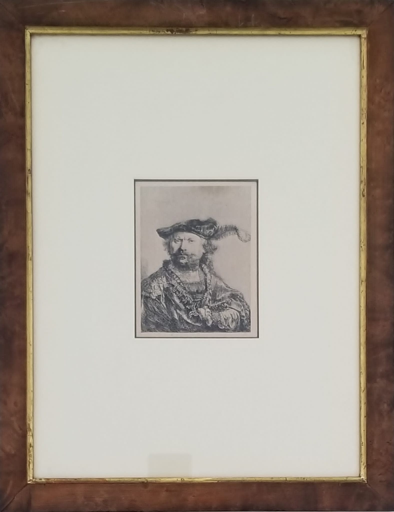 Amazing Rembrandt Van Rijn Etching: Beautiful Rembrandt Harmenszoon Van Rijn etching. "Autoritratto con la piuma nel berretto". Frame: 18 x 14 inches, 5.5 x 4.5 inches. Provenance: private owner. Biography: 1606 - 1669. Rembrandt was bo