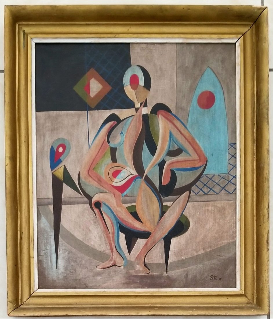 Amazing Louis K Stone Oil Masonite: Attributed to Louis K Stone, it does not have a COA. Medium: oil masonite, no title. 21 x 18 inches. Provenance: private owner. Biography: 1902 - 1984. An abstract painter, Louis Stone settled in Lamb