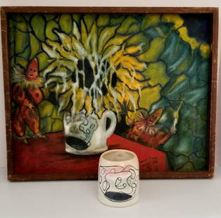 Amazing Amelia Pelaez 1952 Ceramic Mug & Jose Ramon Painting: Beautiful vintage Amelia Pelaez 1952 ceramic mug and 1996 Jose Ramon painting. The mug was a gift from artist Amelia Pelaez to artist Jose Ramon back in Cuba, and it has been kept in the collection