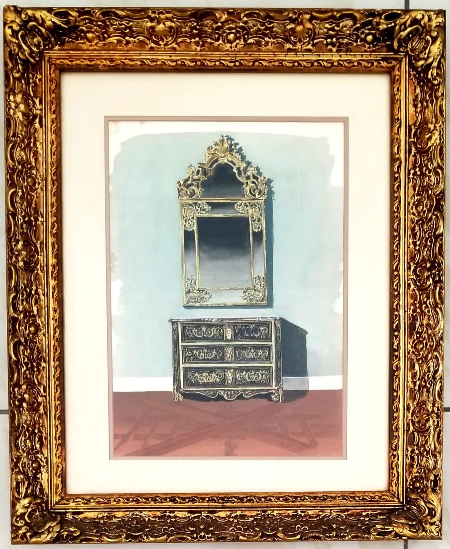 Amazing Louis Comfort Tiffany Watercolor Paper: Beautiful Louis Comfort Tiffany watercolor paper, commode with mirror, 24 x 20 inches. Provenance: private owner. Biography: 1848 - 1933. Born in New York City to the founder of Tiffany & Co., the fam