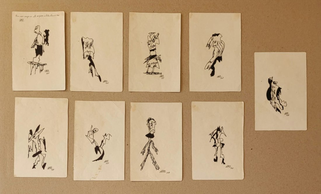 Amazing Antonio Saura Ink Cardboard Art Painting: Nice Antonio Saura ink cardboard art painting, 9 pieces, hand signed ink, 1968. 9 x 6 inches each. Provenance: private owner. Biography: 1930 - 1998. Antonio Saura was a Spanish artist and writer, one
