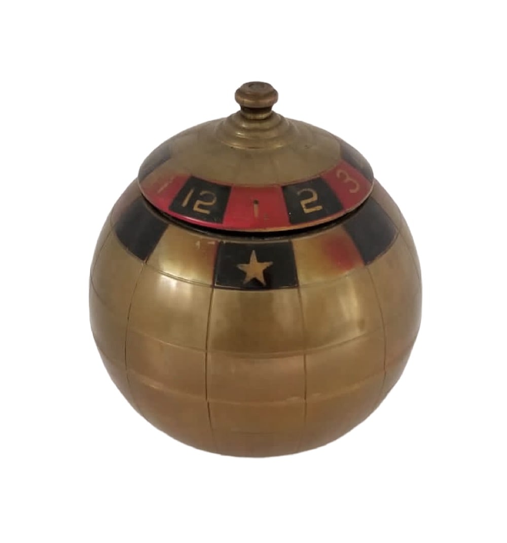 Amazing Mid Century Bronze Numbered Ball Ashtray: Nice mid century bronze numbered ball ashtray, 1 to 12, enamel, good condition, consisted with age and use, 4 5/8 x 4 inches round, opened total 6 1/2 inches.