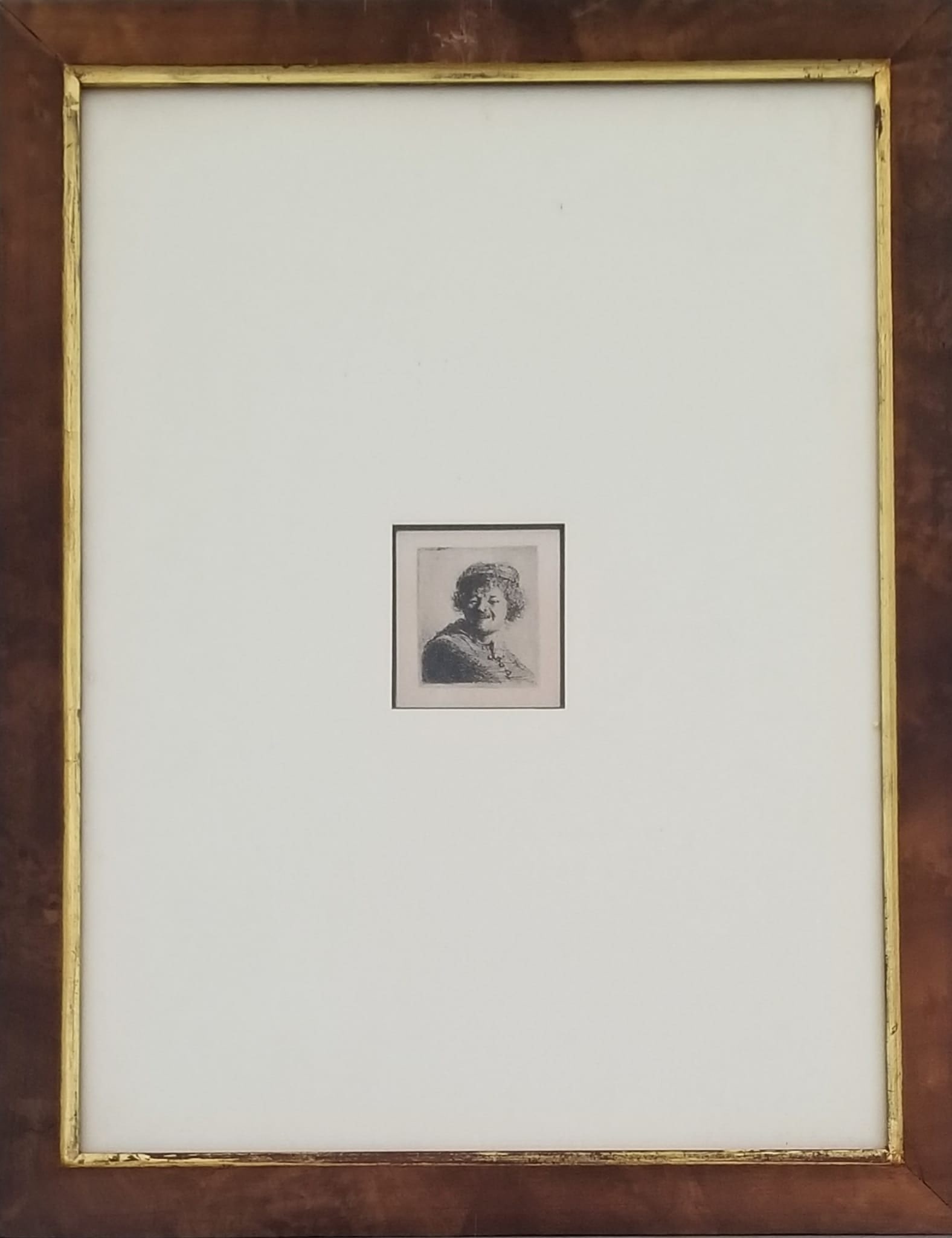 Amazing Rembrandt Van Rijn Etching: Beautiful Rembrandt Harmenszoon Van Rijn etching. " Rembrandt riant." Frame: 18 x 14 inches, etching: 2.5 x 2.5 inches. Provenance: private owner. Biography: 1606 - 1669. Rembrandt was born in Leyden 