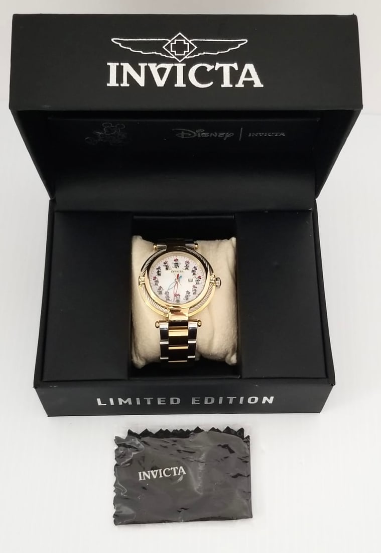 Amazing Invicta Limited Edition Disney Watch: Beautiful Invicta limited edition women Disney watch, stainles steel, silver and gold tone, 38 mm x 45 mm, brand 25/8 inches, works Quartz, 0009 - 4000, 200 M water resistant, new in box.