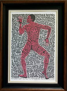 Amazing Keith Haring Into 84 Tzeng Choerograph: Beautiful Keith Haring into 84, art pop, model: Choerograph, hand signed by the artist in silver market, paper, photo by Tseng Kwong Chi. Frame: 46 x 34 inches. Provenance: private owner. 