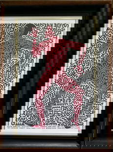 Amazing Keith Haring Into 84 Tzeng Choerograph: Beautiful Keith Haring into 84, art pop, model: Choerograph, hand signed by the artist in silver market, paper, photo by Tseng Kwong Chi. Frame: 46 x 34 inches. Provenance: private owner. Biography: 1