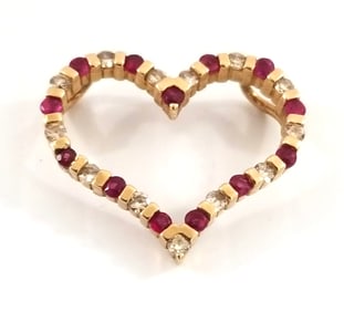 Amazing 14KT Diamond & Ruby Heart Pendant