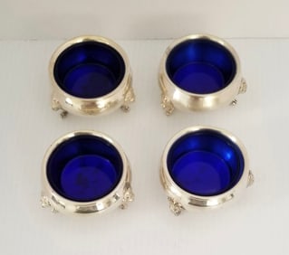 Amazing Sterling Cobalt Glass Inserts Salt Cellar 4 Piece Set