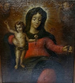 Amazing Antique Mary & Jesus Cherubs Oil Board