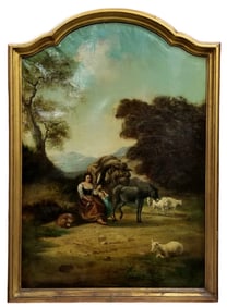 Amazing Antique Woman With Child Shepherding Oil Canvas