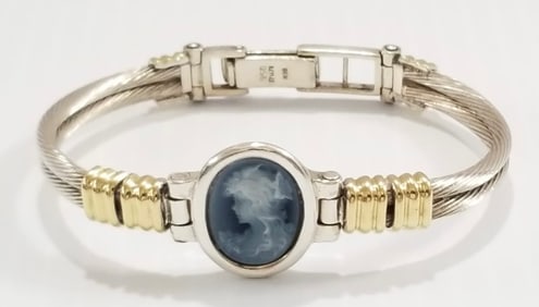 Amazing 950 Sterling 18KT Cable Steel Lady Cameo Bracelet